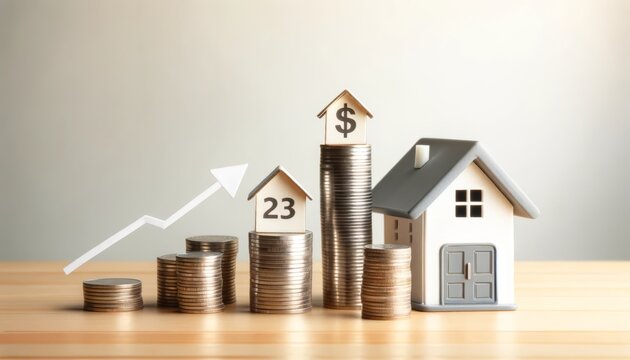 Conceptual photo of stacked coins and house models with upward growth arrow indicating real estate investment