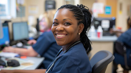 Cheerful African American Nurse at Workstation in Hospital - obrazy, fototapety, plakaty