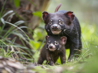 Naklejka premium A mother Tasmanian devil with her young, standing on grass.