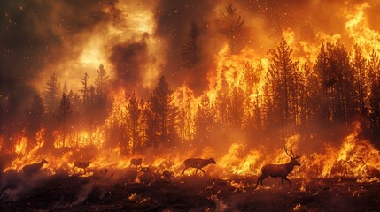 Deer facing wildfire in natural landscape, surrounded by flames and smoke - obrazy, fototapety, plakaty