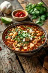 pozole soup on wooden background. ai generated