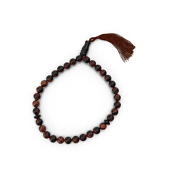 Close up view of brown prayer beads on white background