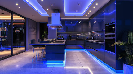 Interior design, a sleek contemporary minimalist kitchen with ambient lighting