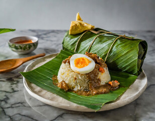 Sticky rice with meat and egg in banana leaf, Thailand.