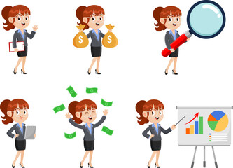 Naklejka premium Business Woman Cartoon Character. Vector Flat Design Collection Set Isolated On Transparent Background