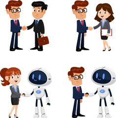 Business And AI Robot Cartoon Characters. Vector Flat Design Collection Set Isolated On Transparent Background