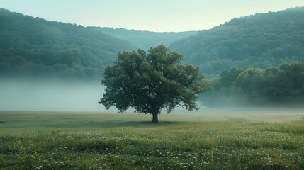 A tree stands in a misty field with mountains in the backdrop