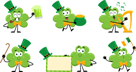 St. Patrick's Clover Leaf Cartoon Character. Vector Flat Design Collection Set Isolated On Transparent Background  