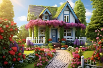 Fototapeta na wymiar Charming Cottage Garden: A quaint cottage surrounded by a lush garden, blooming with a riot of flowers.