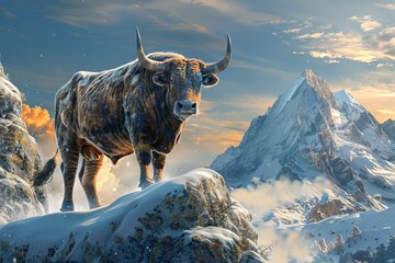 a bull standing on a rock in front of a mountain