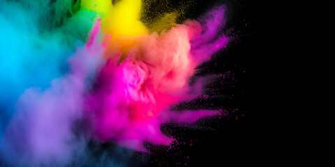 colorful explosion of holi colors from left side isolated on black background