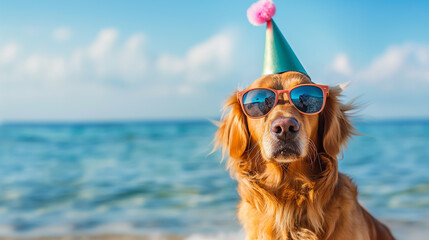 Golden Retriever dog wearing sunglasses and party hat 
 on a blue sea and sky background with copy space