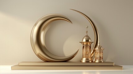 3d Luxury Islamic platform with gold crescent moon, traditional islamic lantern, and mosque. Horizontal Islamic podium banner for product display, presentation, cosmetic, base, ramadan sales.