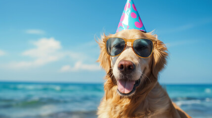 Golden Retriever dog wearing sunglasses and party hat 
 on a blue sea and sky background with copy...