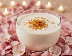 Obraz na płótnie Canvas glass of milk with cinnamon pink background. light background. flower petals. dried fruits. cup with milk. cup on a light background. nacre. dessert. romance. cocktail. drink. milkshake.
