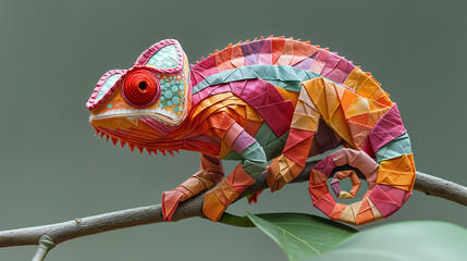 Origami chameleon sits on a branch, origami animals. AI Generative