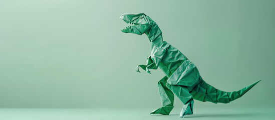 Green origami dinosaur on a light green background. Generative AI