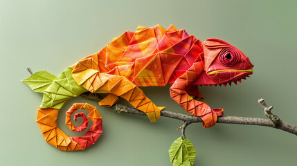 Origami chameleon sits on a branch, origami animals. AI Generative