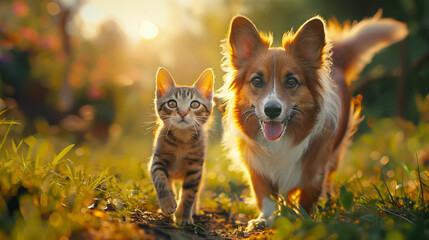  A cat and a dog are walking on a green sunny meadow.   AI Generative - obrazy, fototapety, plakaty