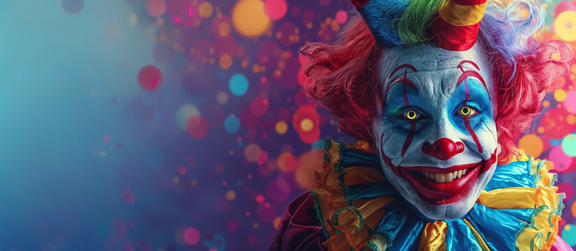 Creepy clown with a scary smile. Halloween banner, empty space. Generative AI