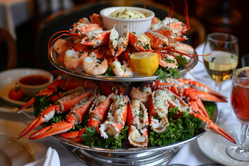 Deluxe seafood tower layers of lobster crab and shrimp with a side of aioli and cocktail sauce served on a tiered platter - obrazy, fototapety, plakaty