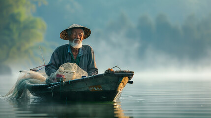 Elderly fisherman in a small boat early morning mist wearing traditional fishing gear surrounded by nets realistic water reflections soft ambient lighting - obrazy, fototapety, plakaty