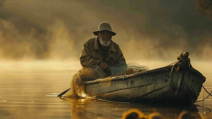 Elderly fisherman in a small boat early morning mist wearing traditional fishing gear surrounded by nets realistic water reflections soft ambient lighting