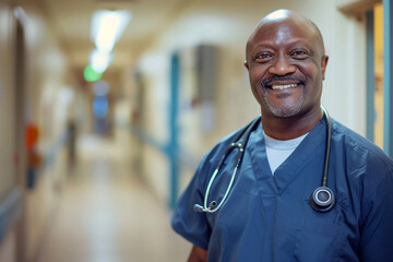 High resolution portrait of a compassionate doctor in scrubs stethoscope around the neck confident smile standing in a well lit hospital corridor