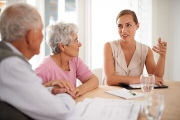 Senior, couple or financial advisor with discussion for insurance, retirement planning or contract...