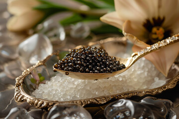 Luxurious caviar tasting with traditional accompaniments served on a mother of pearl spoon and ice bed