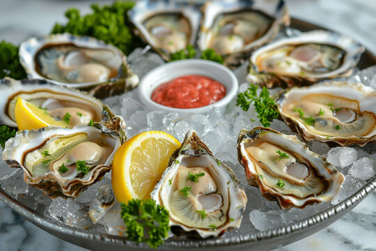 Sophisticated oyster platter with a variety of fresh oysters lemon wedges and mignonette sauce on a bed of ice
