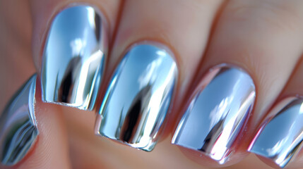 Sleek and Sophisticated Silver Chrome Nails with High-Shine, Mirror-Like Finish.