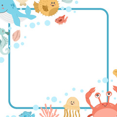 Frame with cute sea animals in kawaii style on a white background. blue stripe frame. Vector