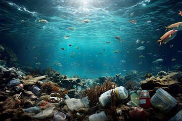 Seabed with fish, with the depth of the sea full of plastics and garbage.