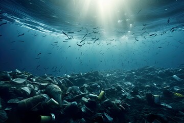 Seabed with fish, with the depth of the sea full of plastics and garbage.