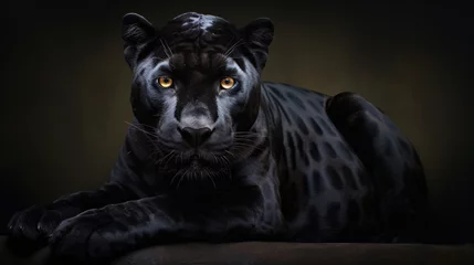 Poster Black panther prowls sleek and shrouded in mystery. Majestic Black panther prowling in the jungle. A powerful black panther moves stealthily among the ferns in the lush greenery of a dense jungle © Pungu x
