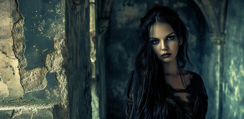 A young woman dressed in black in a room of an old castle, gothic atmosphere