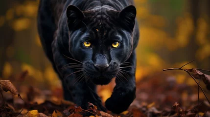 Tuinposter Black panther prowls sleek and shrouded in mystery. Majestic Black panther prowling in the jungle. A powerful black panther moves stealthily among the ferns in the lush greenery of a dense jungle © Pungu x