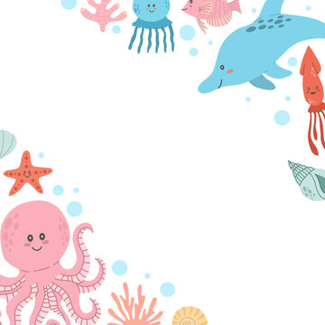 Sea animals png on transparent background, frame, vector