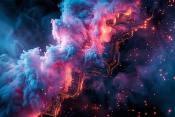 cloudscape infused with digital technology circuits, symbolizing cloud computing innovation