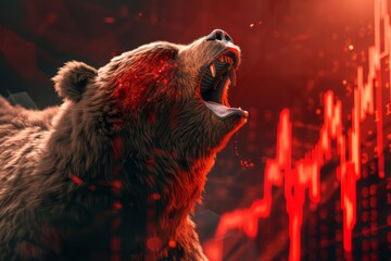 fierce grizzly rears up among falling candlestick charts, capturing the essence of market volatility - obrazy, fototapety, plakaty