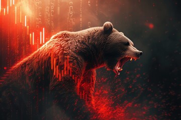 fierce grizzly rears up among falling candlestick charts, capturing the essence of market volatility - obrazy, fototapety, plakaty