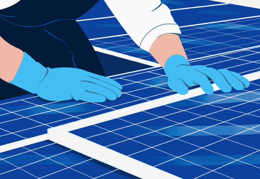Close up engineer in gloves installing solar panels
