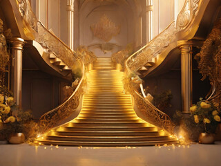 Luxury yellow golden staircase with gold light ray for award ceremony. Generative AI