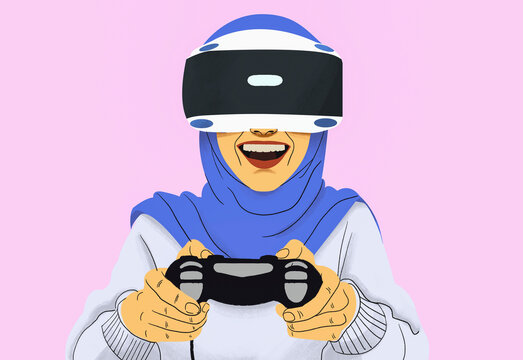 Happy woman in hijab playing video game with VR headset
