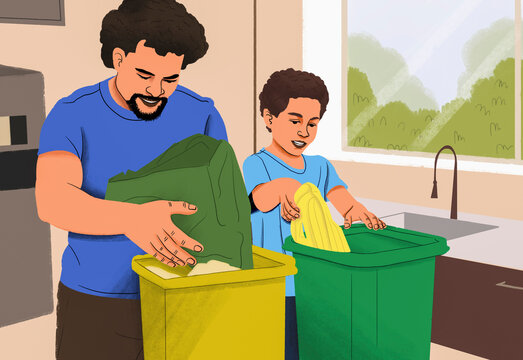 Eco-friendly father and son composting in bins in kitchen at home
