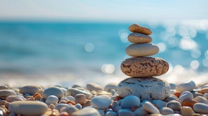 Pyramid stones on the seashore on a sunny day on the blue sea background. Happy holidays. Pebble beach, calm sea, travel destination. Concept of happy vacation on the sea, meditation, spa, calmness. 