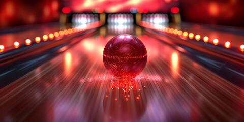 Exciting bowling action in an indoor alley with red and white pins rolling down lanes.