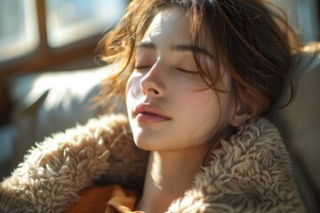 In a sunny room, a Japanese lady enjoys a peaceful nap on a sofa, wrapped in a fluffy blanket, radiating calm relaxation. - obrazy, fototapety, plakaty