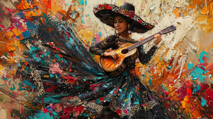 mexican merengue dancer in black outfit and sombrero holding guitar